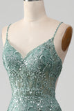 Spaghetti Staps Sparkly Grey Green Formal Dress with Beading