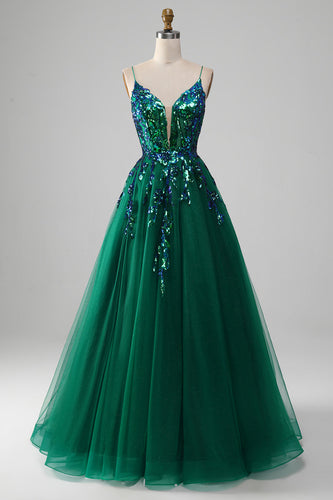 Tulle Spaghetti Straps Dark Green Formal Dress with Sequins