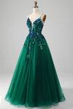 Tulle Spaghetti Straps Dark Green Formal Dress with Sequins