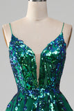 Tulle Spaghetti Straps Dark Green Formal Dress with Sequins