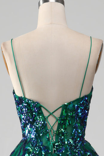 Tulle Spaghetti Straps Dark Green Formal Dress with Sequins