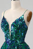 Load image into Gallery viewer, Tulle Spaghetti Straps Dark Green Formal Dress with Sequins