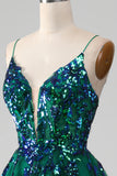 Tulle Spaghetti Straps Dark Green Formal Dress with Sequins