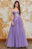 A-Line Spaghetti Straps Purple Corset Formal Dress with 3D Flowers