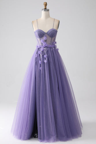 Purple A-Line Spaghetti Straps Corset Formal Dress with 3D Flowers