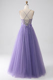 Purple A-Line Spaghetti Straps Corset Formal Dress with 3D Flowers