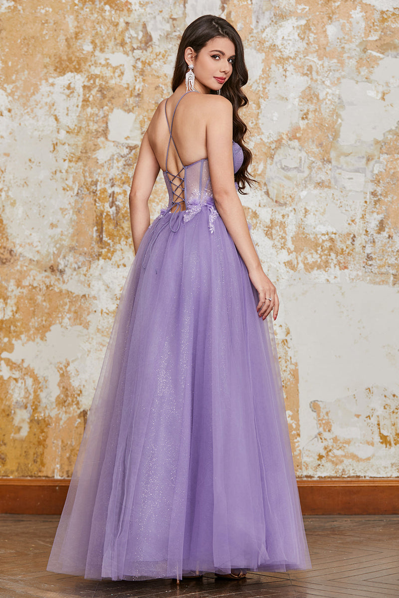 Load image into Gallery viewer, A-Line Spaghetti Straps Purple Corset Formal Dress with 3D Flowers