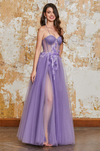 A-Line Spaghetti Straps Purple Corset Formal Dress with 3D Flowers