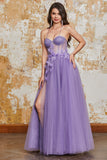 A-Line Spaghetti Straps Purple Corset Formal Dress with 3D Flowers