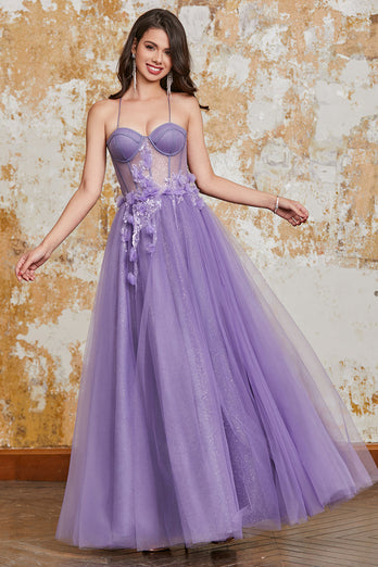 A-Line Spaghetti Straps Purple Corset Formal Dress with 3D Flowers