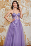 A-Line Spaghetti Straps Purple Corset Formal Dress with 3D Flowers