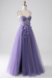 Purple A-Line Spaghetti Straps Corset Formal Dress with 3D Flowers