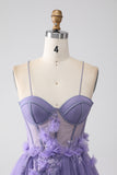 Purple A-Line Spaghetti Straps Corset Formal Dress with 3D Flowers