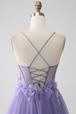 Purple A-Line Spaghetti Straps Corset Formal Dress with 3D Flowers