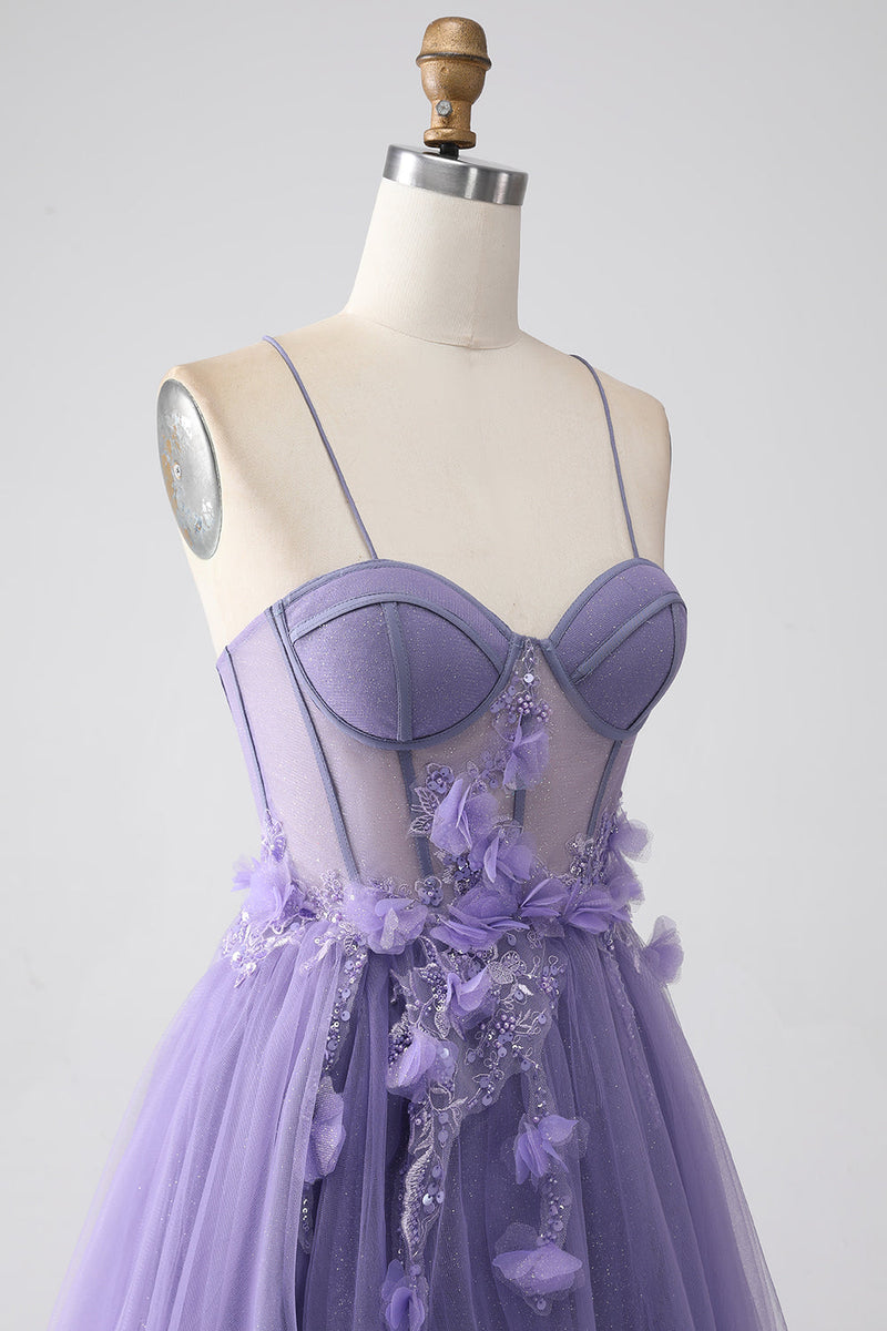 Load image into Gallery viewer, Purple A-Line Spaghetti Straps Corset Formal Dress with 3D Flowers