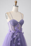 Purple A-Line Spaghetti Straps Corset Formal Dress with 3D Flowers