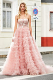 A-Line Strapless Beaded Blush Tiered Long Formal Dress