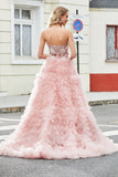 A-Line Strapless Beaded Blush Tiered Long Formal Dress