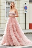 A-Line Strapless Beaded Blush Tiered Long Formal Dress