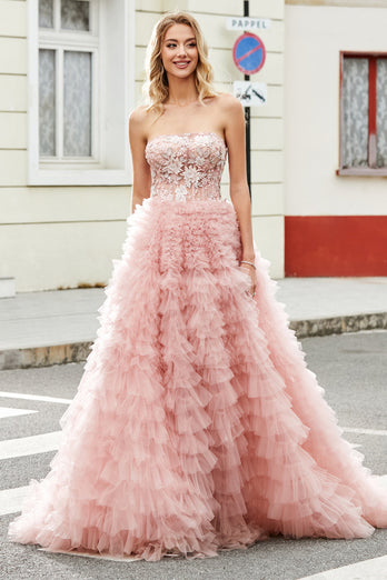 A-Line Strapless Beaded Blush Tiered Long Formal Dress