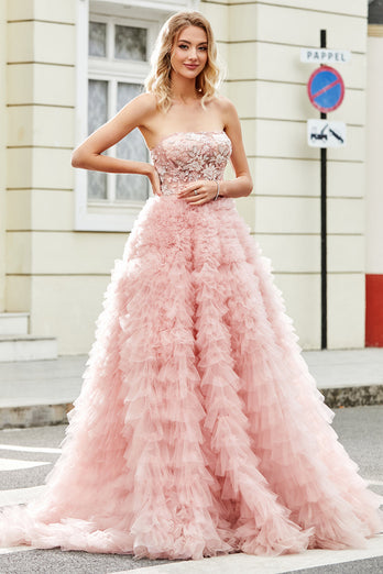 A-Line Strapless Beaded Blush Tiered Long Formal Dress