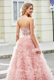 A-Line Strapless Beaded Blush Tiered Long Formal Dress