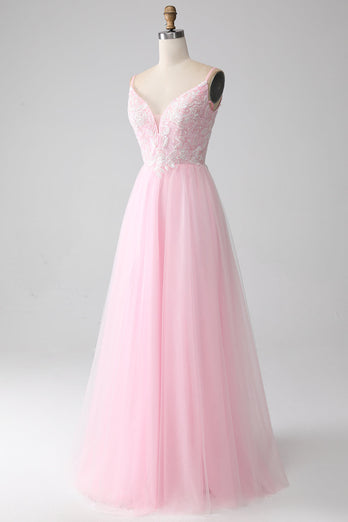 Light Pink A-Line Spaghetti Straps Formal Dress with Beading