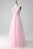 Light Pink A-Line Spaghetti Straps Formal Dress with Beading