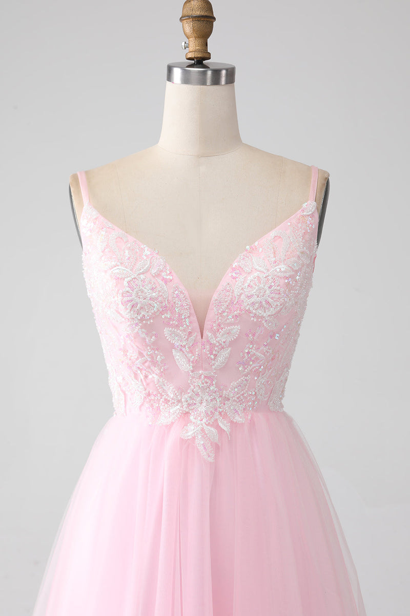 Load image into Gallery viewer, Light Pink A-Line Spaghetti Straps Formal Dress with Beading