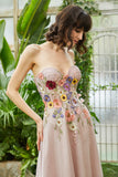 Elegant A Line Strapless Blush Long Wedding Guest Dress with 3D Flowers