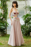 Elegant A Line Strapless Blush Long Wedding Guest Dress with 3D Flowers