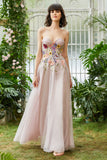 Elegant A Line Strapless Blush Long Wedding Guest Dress with 3D Flowers