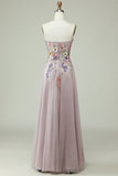 Strapless A Line Formal Dress with 3D Flowers