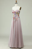 Strapless A Line Formal Dress with 3D Flowers