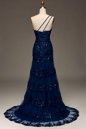 Sparkly Dark Navy Tiered Lace One Shoulder Long Formal Dress with Slit