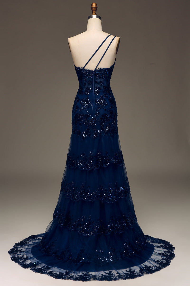 Load image into Gallery viewer, Sparkly Dark Navy Tiered Lace One Shoulder Long Formal Dress with Slit