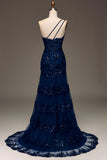 Sparkly Dark Navy Tiered Lace One Shoulder Long Formal Dress with Slit