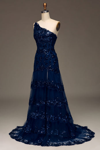 Sparkly Dark Navy Tiered Lace One Shoulder Long Formal Dress with Slit