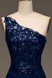 Sparkly Dark Navy Tiered Lace One Shoulder Long Formal Dress with Slit