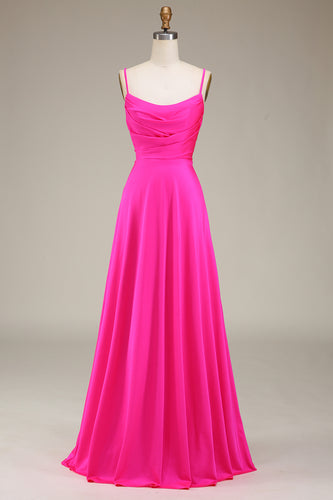 Hot Pink Spaghetti Straps A-Line Long Formal Dress