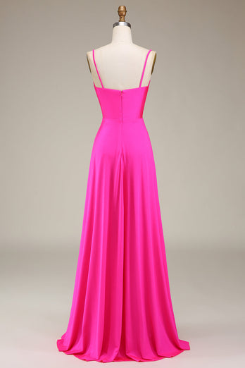 Hot Pink Spaghetti Straps A-Line Long Formal Dress