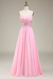 Sparkly Pink Corset Spaghetti Straps A-Line Formal Dress