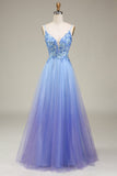 Sparkly Blue Tulle Long Formal Dress with Appliques