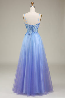 Sparkly Blue Tulle Long Formal Dress with Appliques