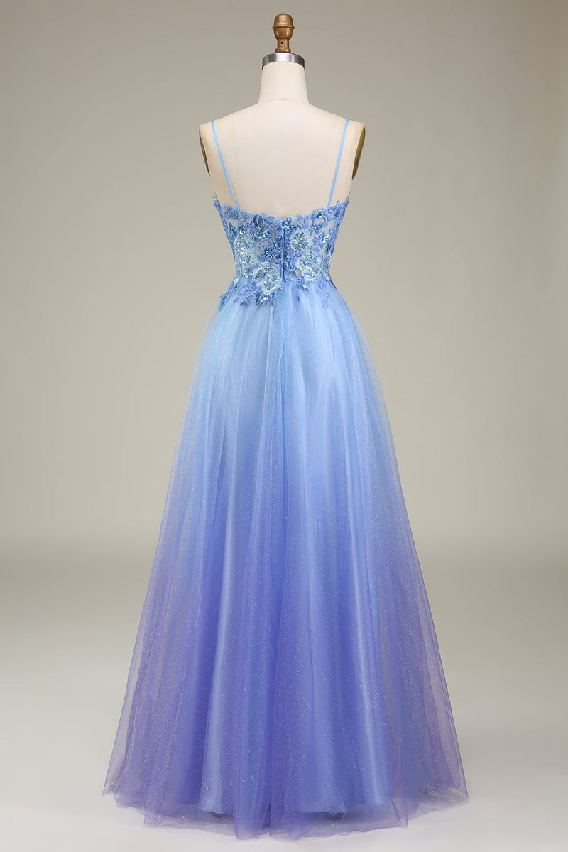 Load image into Gallery viewer, Sparkly Blue Tulle Long Formal Dress with Appliques