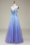 Sparkly Blue Tulle Long Formal Dress with Appliques