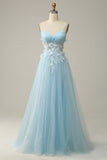 A Line Spaghetti Straps Sky Blue Formal Dress with Appliques