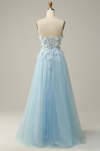 A Line Spaghetti Straps Sky Blue Formal Dress with Appliques