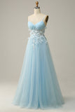 A Line Spaghetti Straps Sky Blue Formal Dress with Appliques