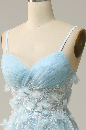 A Line Spaghetti Straps Sky Blue Formal Dress with Appliques
